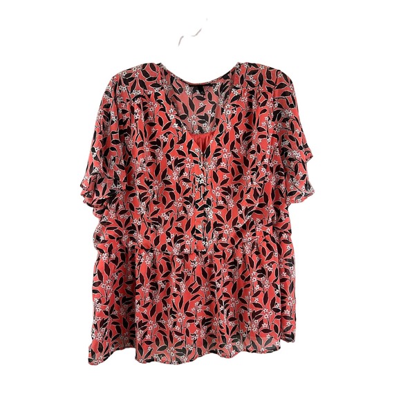 Lane Bryant Tops - Lane Bryant Bold Floral Orange Brown V Neck Size 28 Lined Sheer Pullover EUC